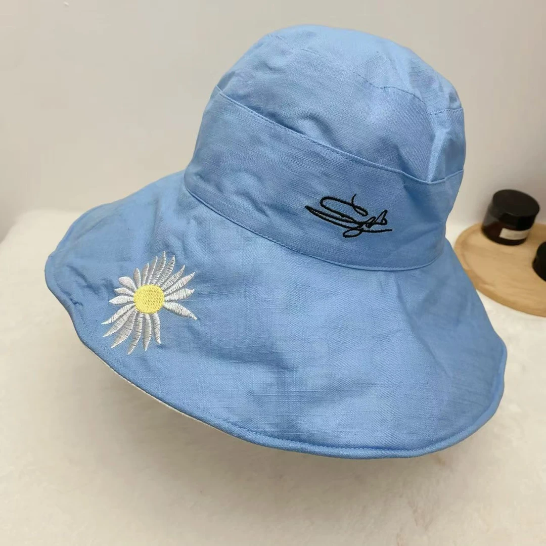 少量活动款雏菊刺绣全棉双面渔夫帽超大帽檐防晒帽