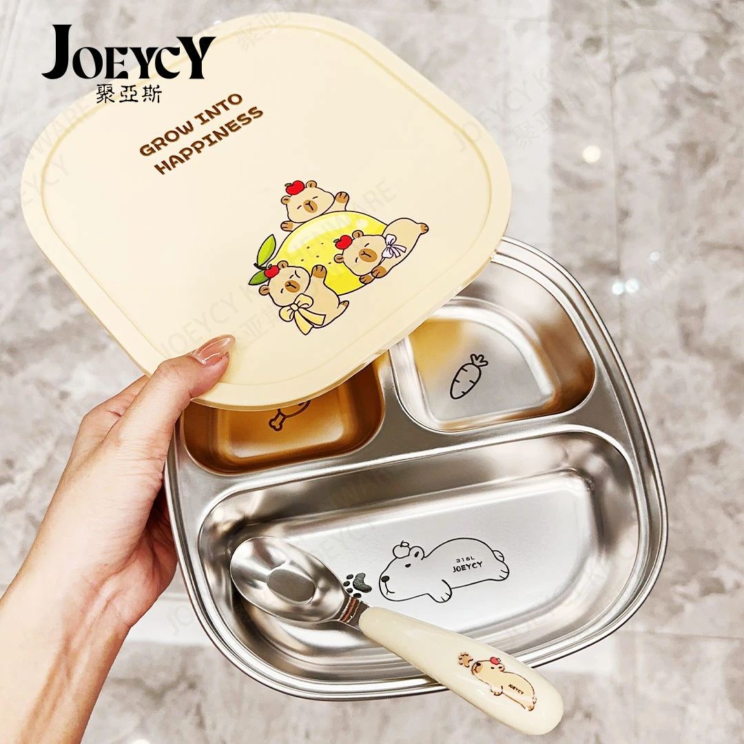 【卡皮巴拉】三格316不锈钢分餐盘带勺不锈钢分格餐盘饭盘上学上班