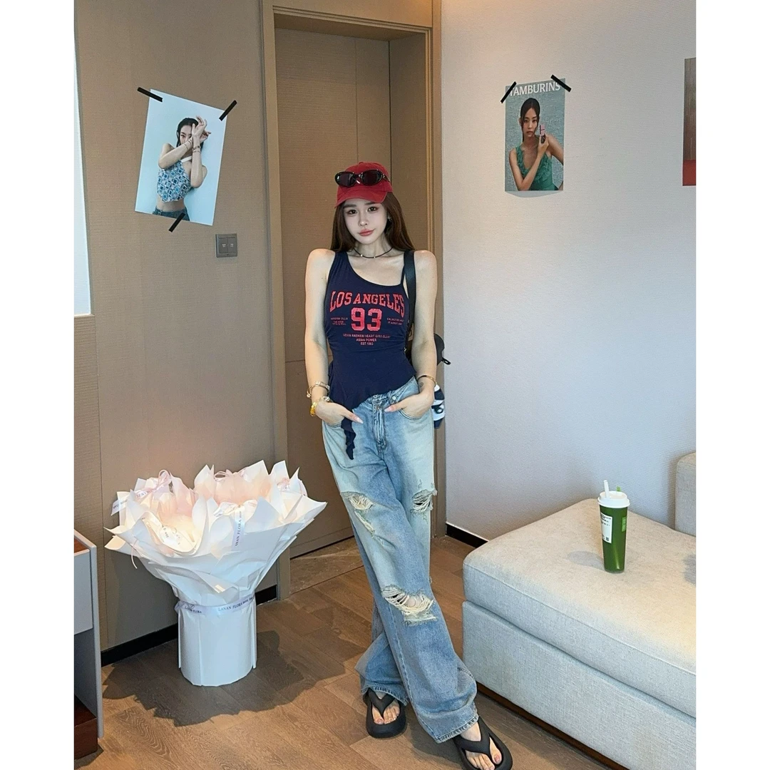 米娜家【废土丹宁】泡菜订制藏蓝红色字母飘带背心