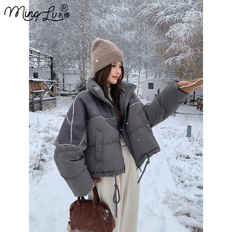 咖色拼接短款面包羽绒服2025新款女冬韩系休闲小个子加厚保暖外套