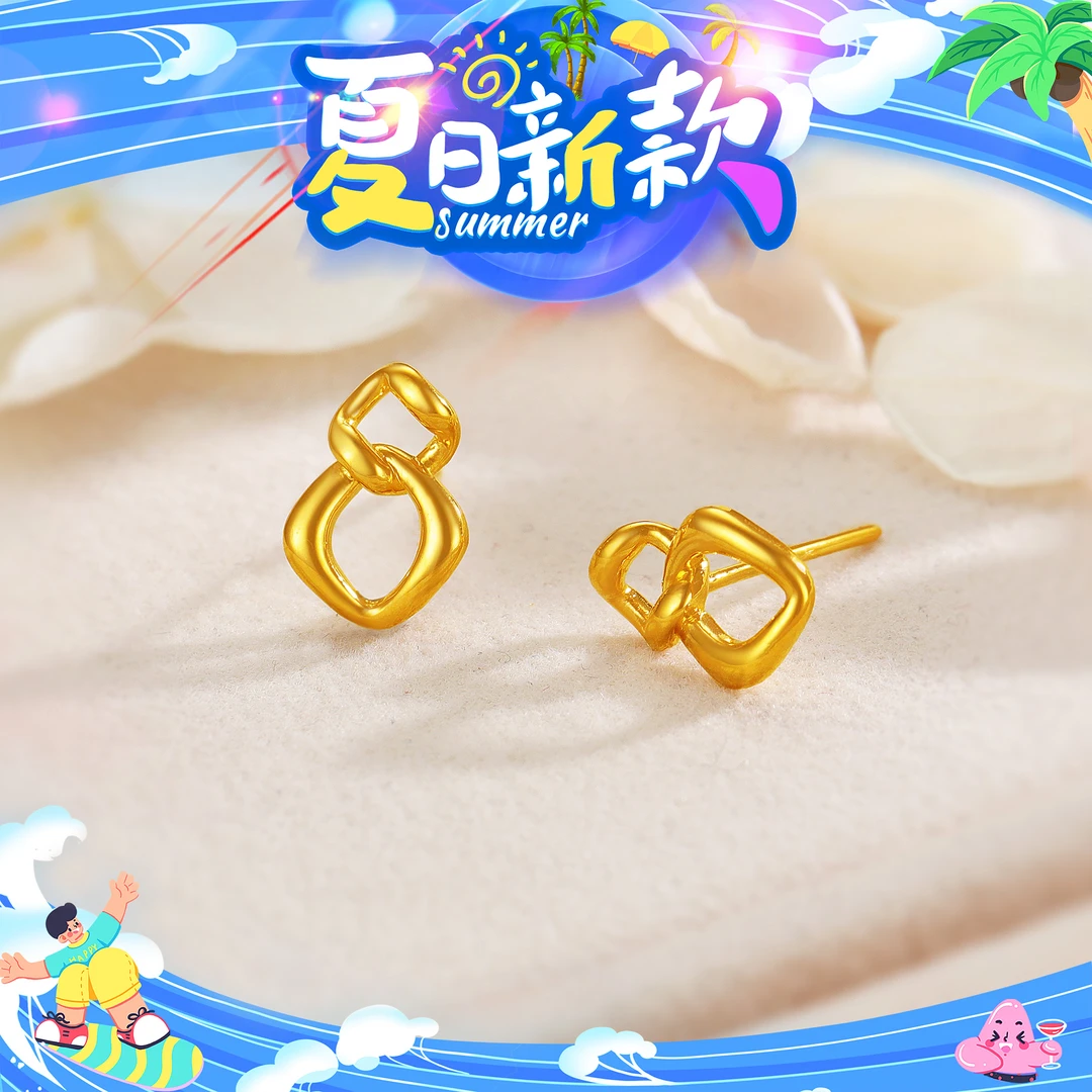 SUNFEEL/赛菲尔【优选店】足金5D时尚几何款直针耳钉5DE00890