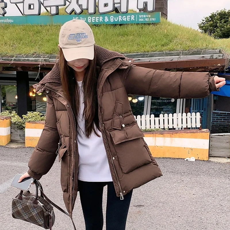 2025新款棉服女宽松中长款针织领连帽棉衣收腰外套女士