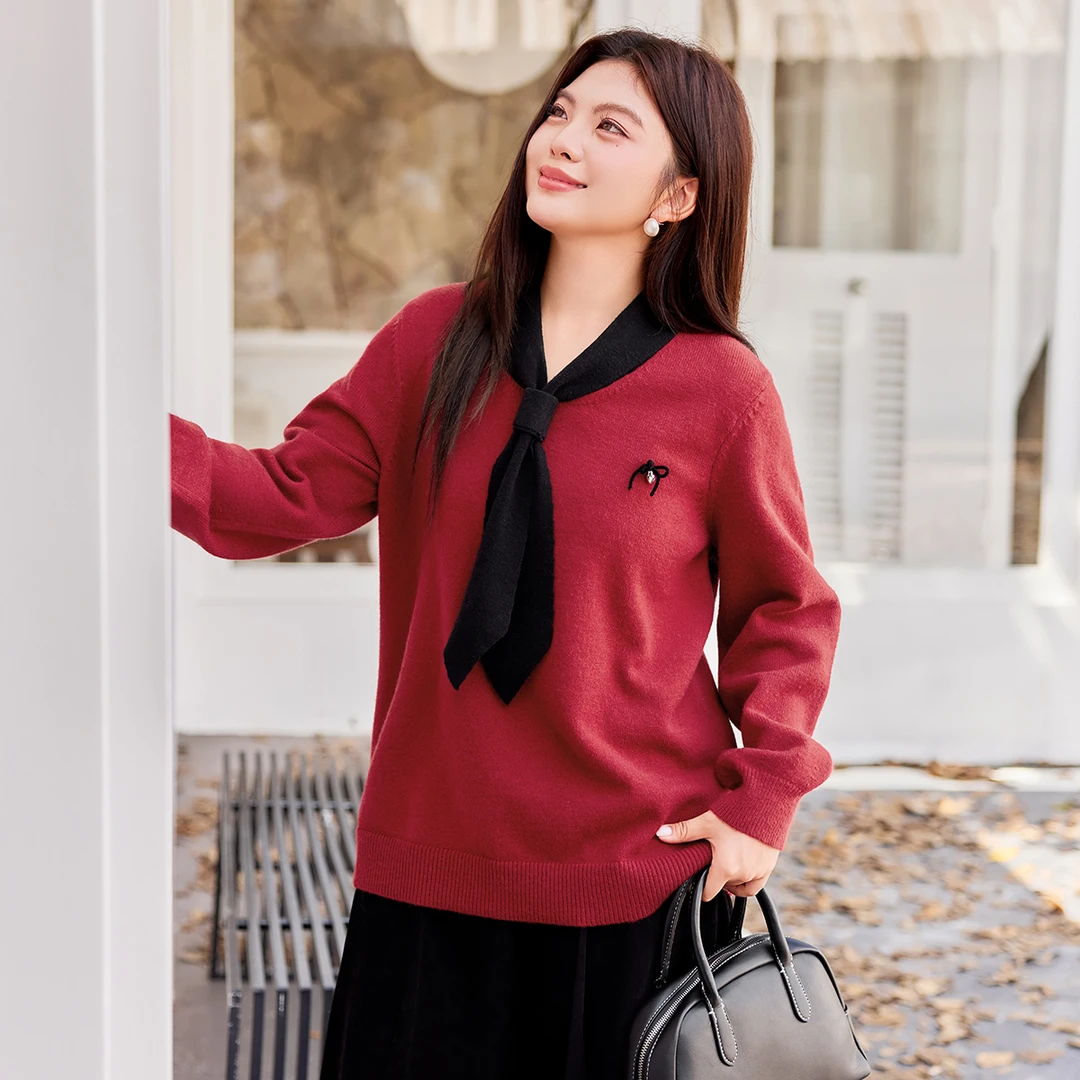 【18支北极绒】MsShe大码女装2025秋宽松撞色系带针织毛衣F2509016