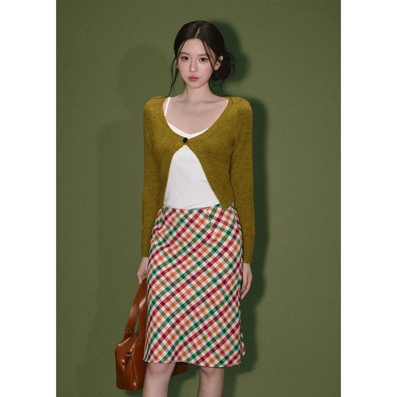 韩系撞色格子半身裙女秋新款高腰格纹直筒复古着磨毛呢中长款裙子