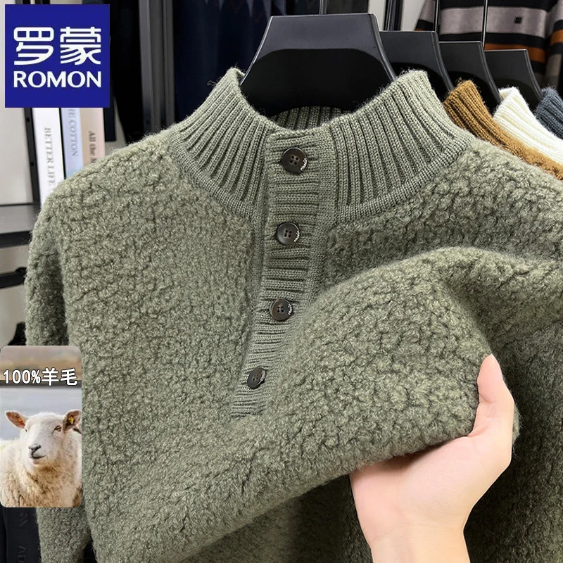 【100%绵羊毛】罗蒙复古休闲纯色中青年纽扣立领长袖毛衣秋冬季上衣