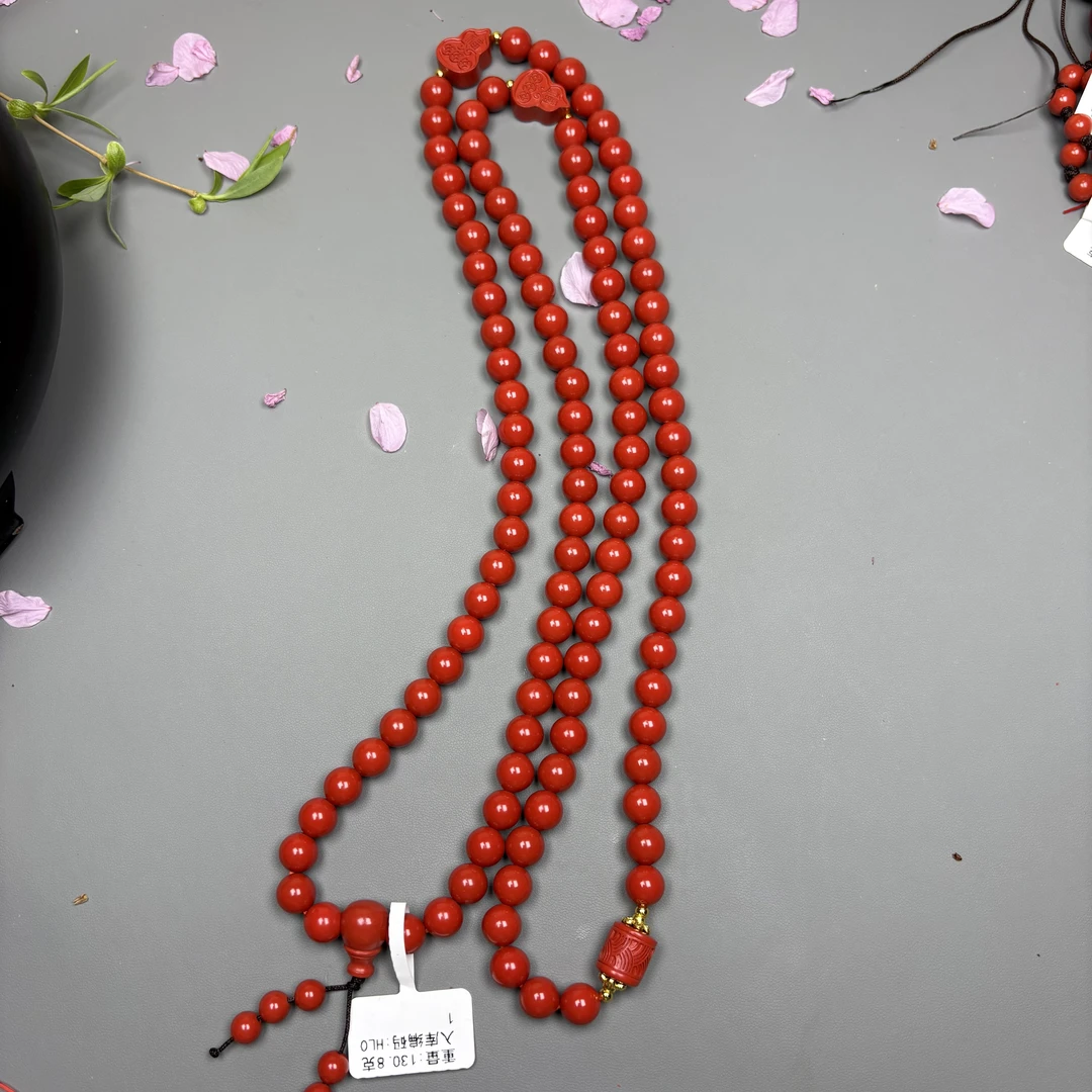 含辰砂工艺品【老张朱砂阁】朱砂水飞砂108卡8MM福禄双收项链HL01