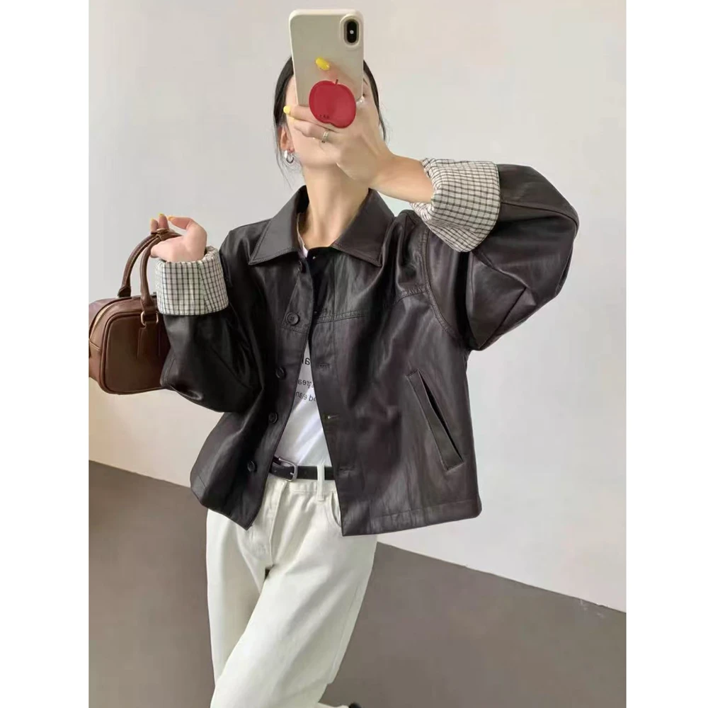 韩版设计感POLO领宽松型短款皮衣夹克春秋潮流宽松上衣