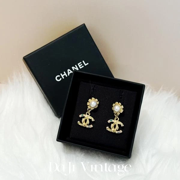 大吉中古/chanel香奈儿太阳花珍珠双c吊坠彩钻耳钉