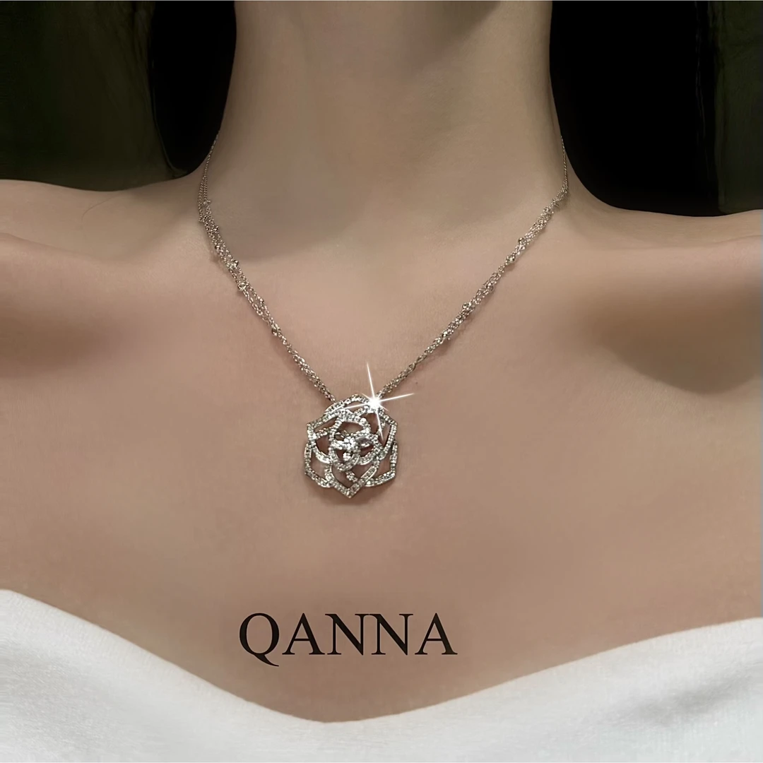 QANNA【大号镂空山茶花】【泡泡链设计款】豪华名媛花朵钻石项链AY