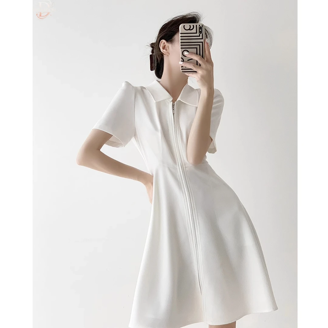 法式白色温柔赫本风短袖衬衫连衣裙夏纯欲高级感短款气质小白裙