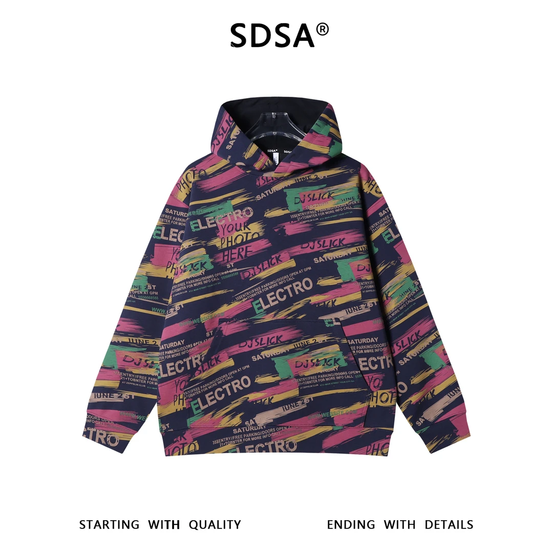 SDSA男士秋冬新款痞帅男装简约美式撞色印花字母连帽卫衣百搭宽松