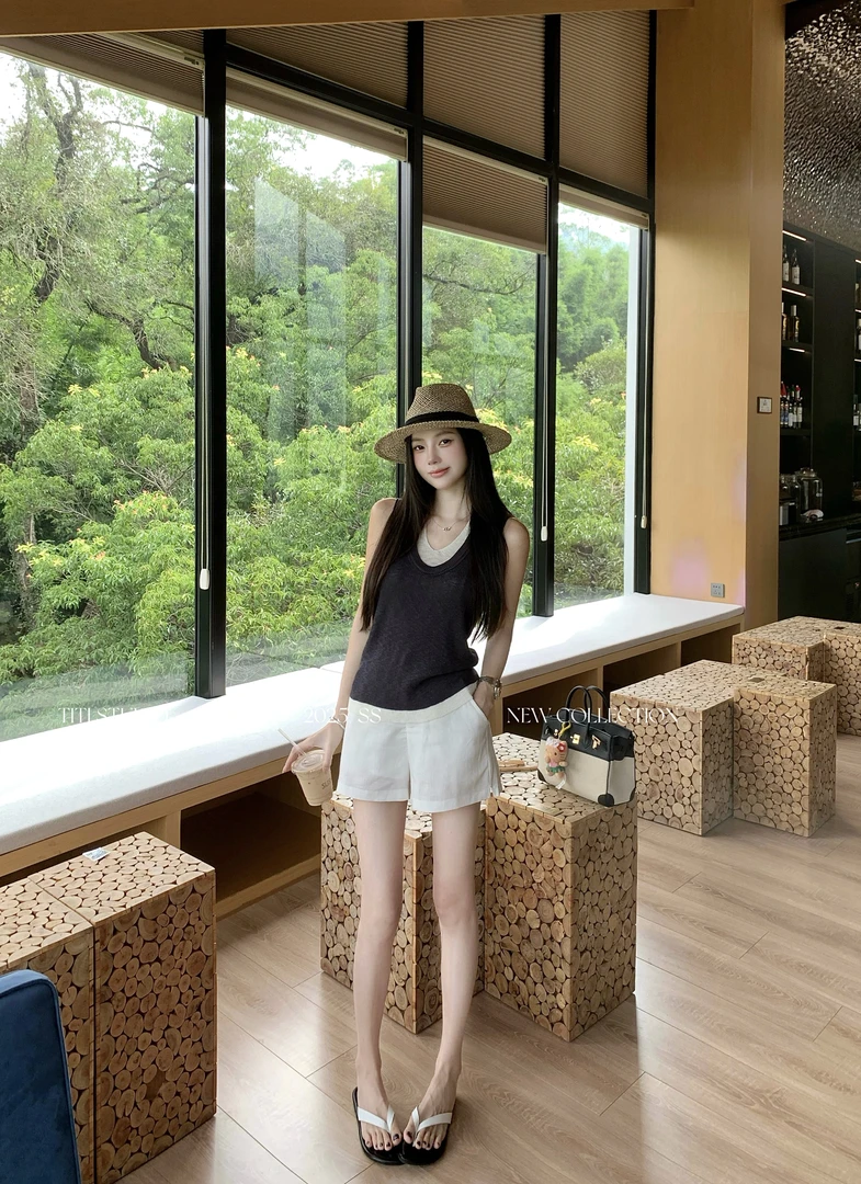 TITI - STUDIO“气质简约”极简撞色假两件上衣半松紧腰白色短裤