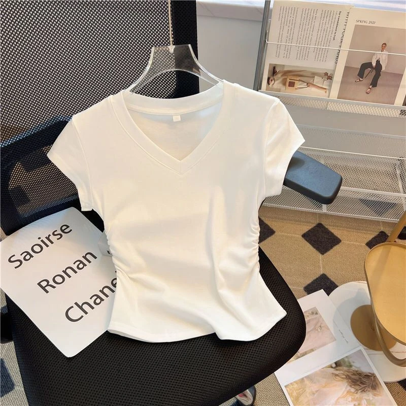 别语纯棉V领正肩短袖T恤女装短款t恤夏季修身显瘦洋气上衣女款