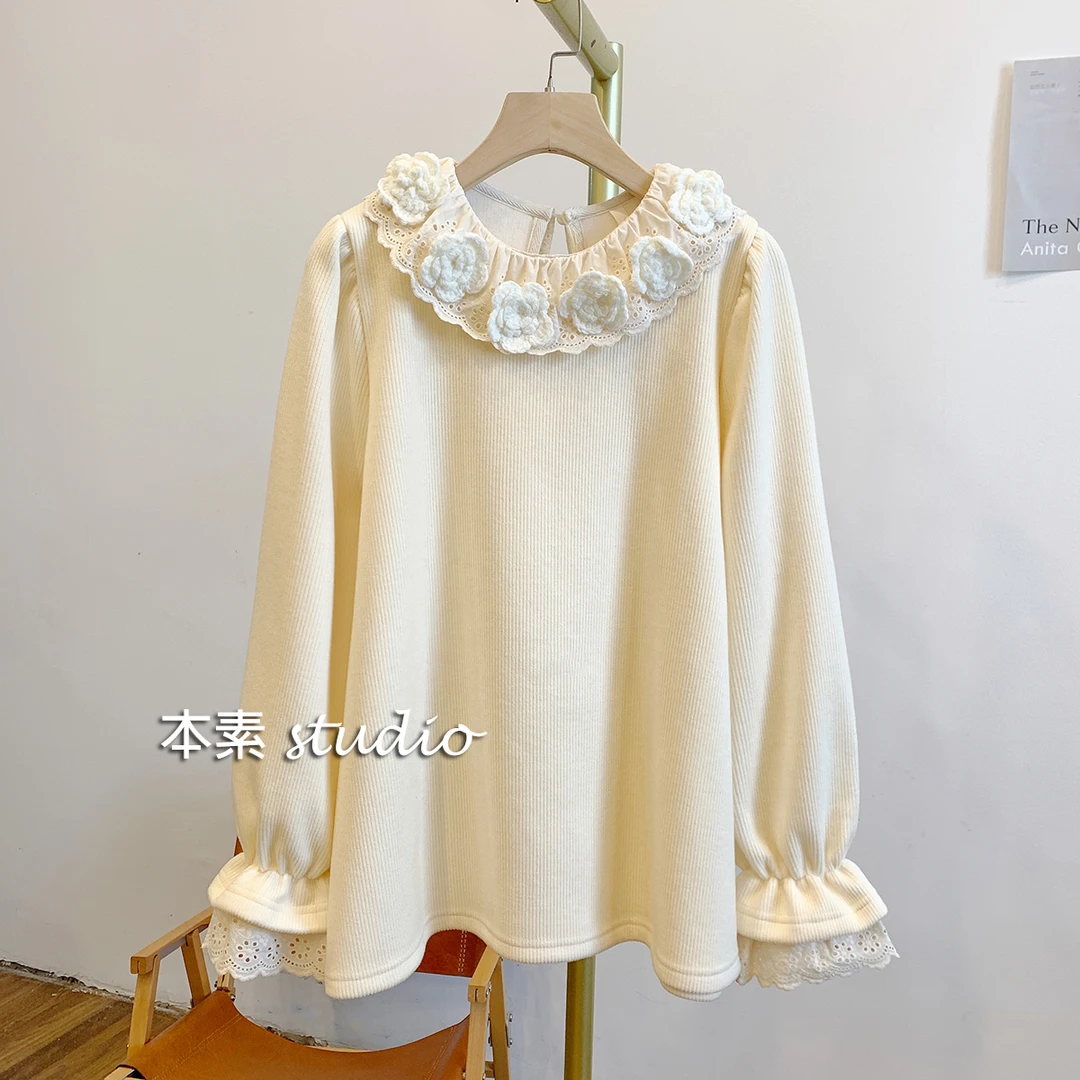 C2988加绒坑条蕾丝边钩花娃娃领T恤