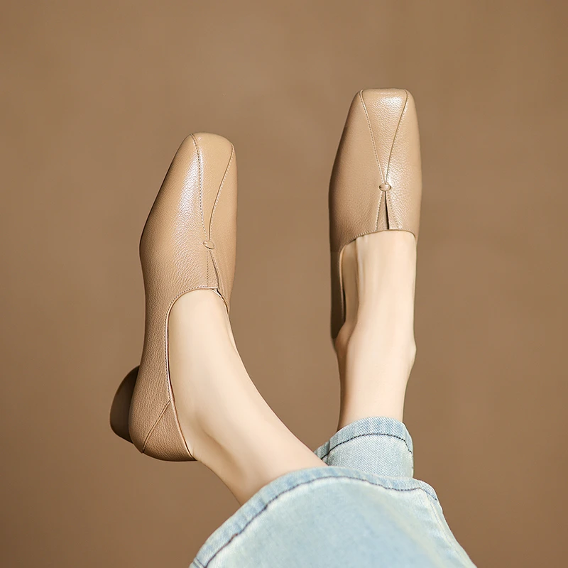 超软头层羊皮/3公分 深口真皮单鞋女 软底百搭方头粗跟舒适乐福鞋