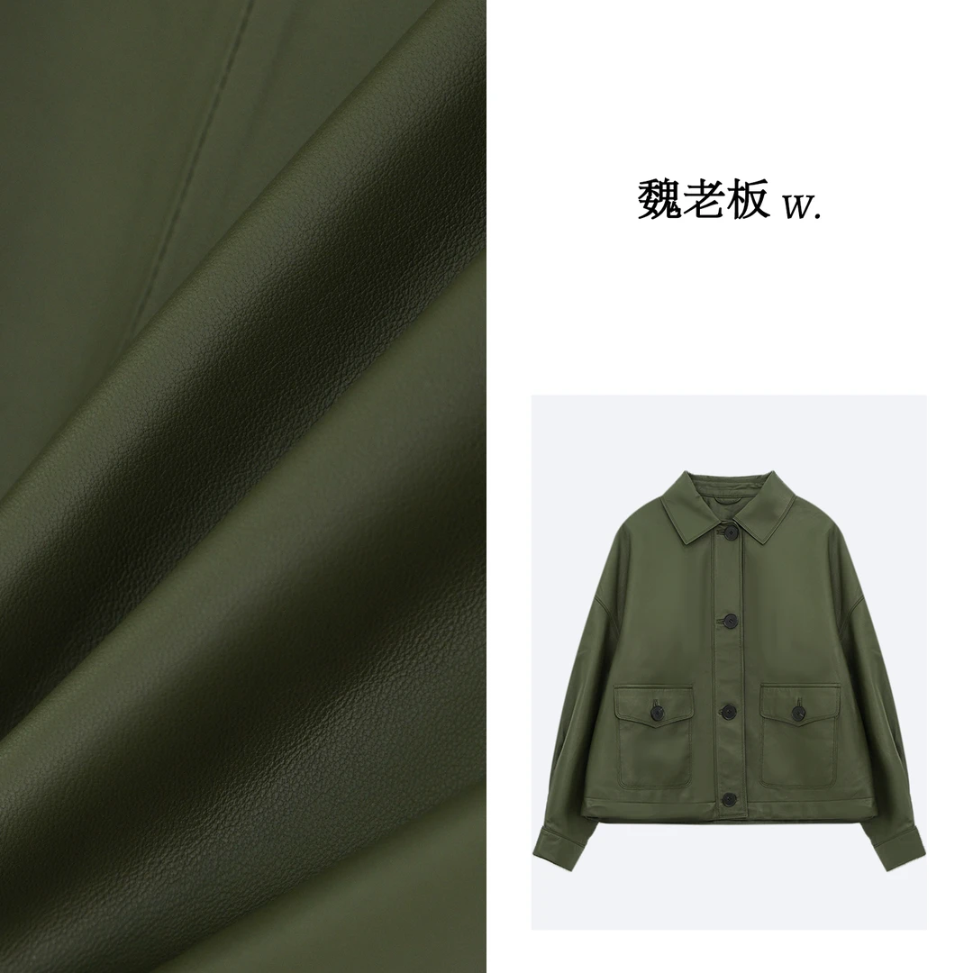 W.Diva【翡泠翠】春季时尚小羔羊皮排扣翻领短款皮衣外套3C30K9637
