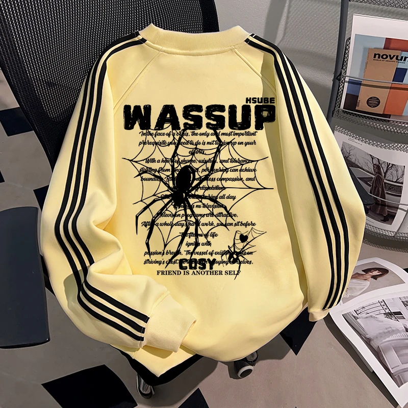 WASSUP HSUBE国潮牌重磅高街三条杠圆领卫衣男士潮酷宽松上衣秋季