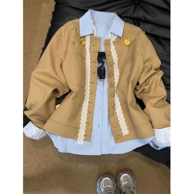 韩系高级感气质翻领蕾丝拼接长袖衬衫上衣收腰显瘦百搭休闲外套女