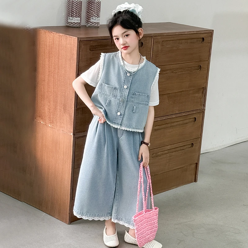 女童夏季套装2025新款洋气女大童韩系穿搭儿童夏款牛仔马甲阔腿裤