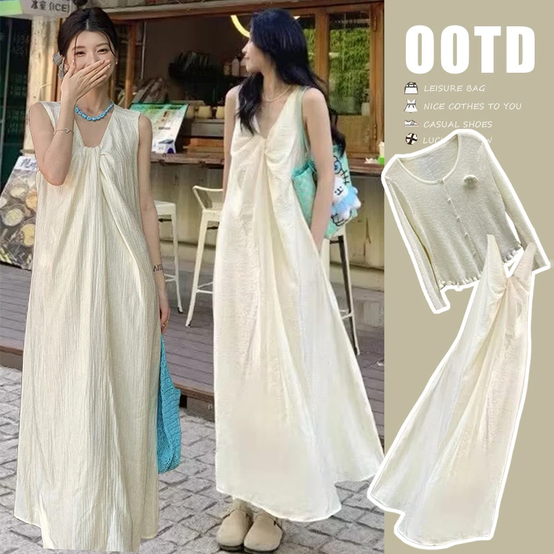 【Liner】孕妇装时尚洋气新款法式高级宽松扭结连衣裙+甜美开衫套装