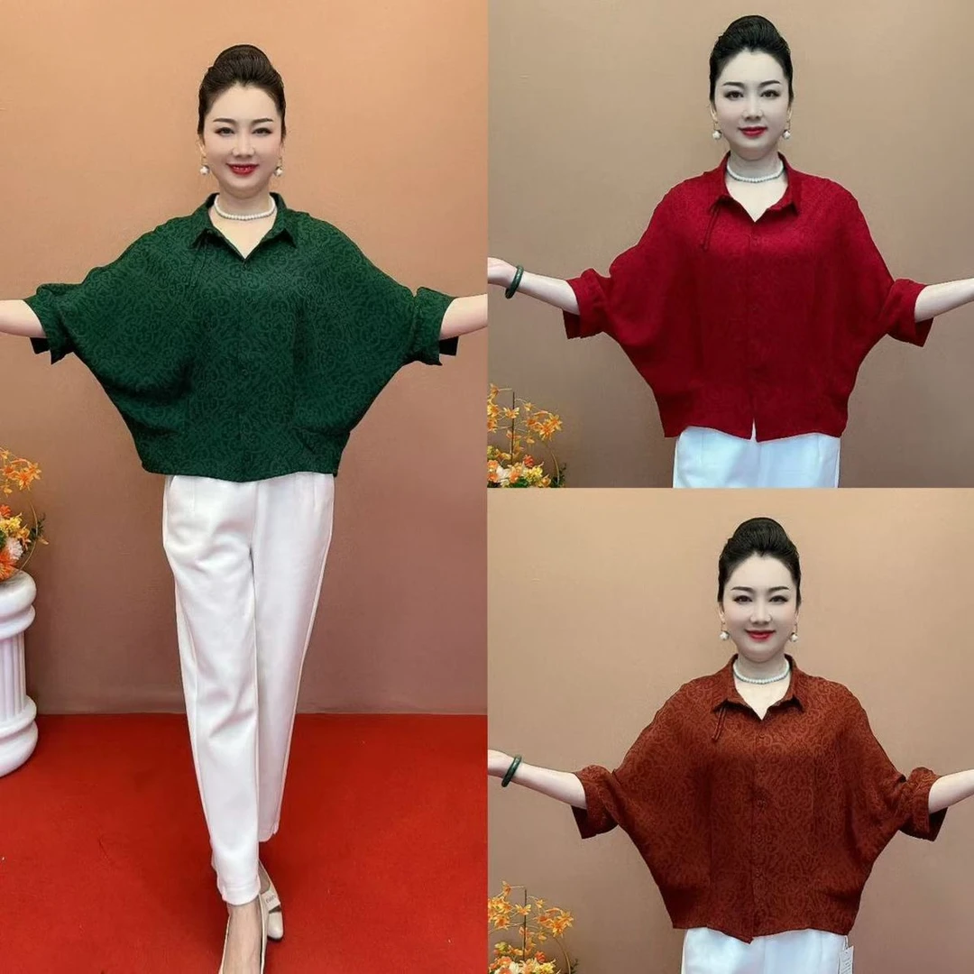 2025翻领新款休闲蝙蝠七分妈妈百搭洋气宽松遮肉气质上衣衬衫