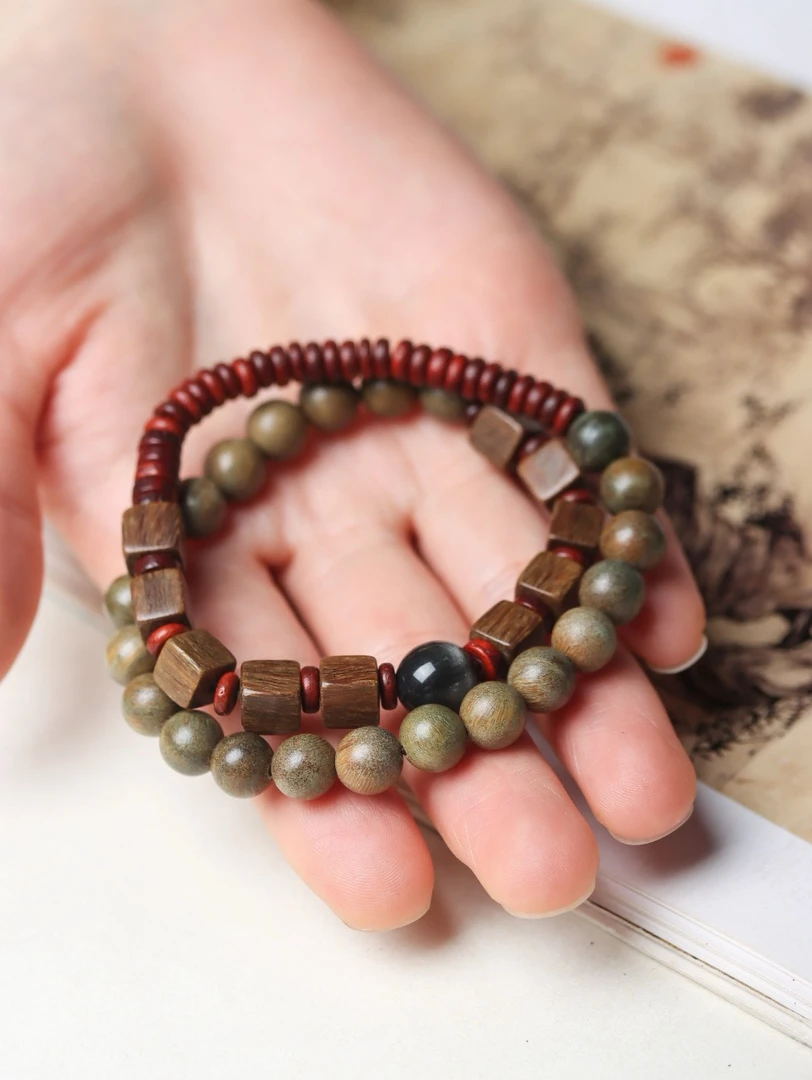 新中式复古手链檀木冷门老料双圈绿檀手串文玩手串多圈闺蜜小礼物