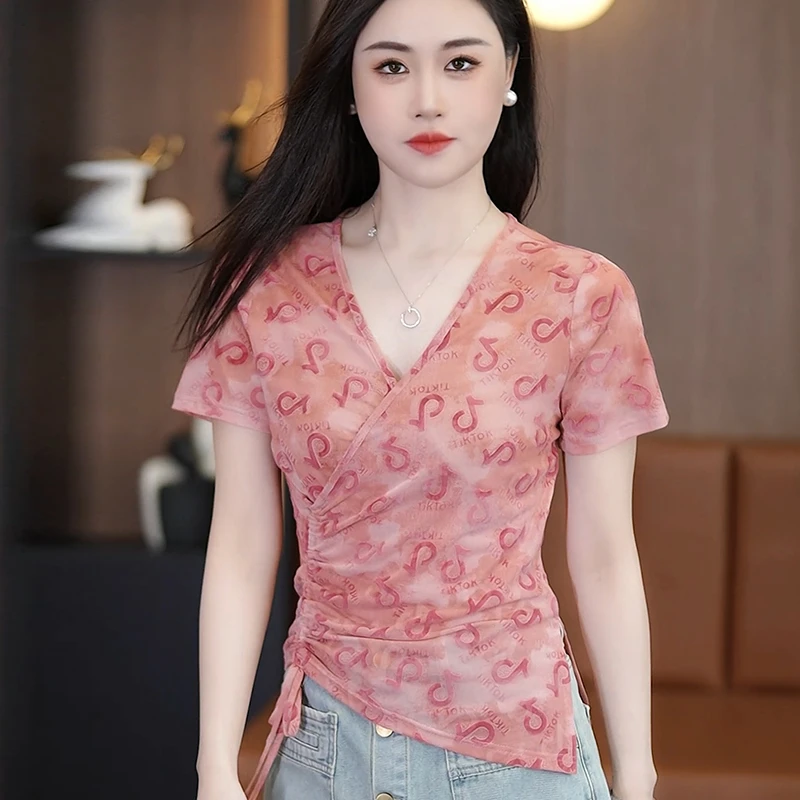 时尚网纱拼接打底衫V领抽绳长袖T恤女设计感修身显瘦上衣