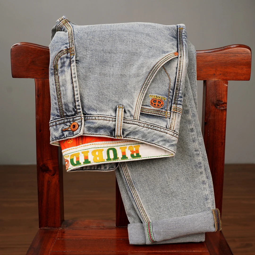 斜口袋夏季男款牛仔裤浅蓝潮牌修身弹力直筒高端薄款长裤九分996