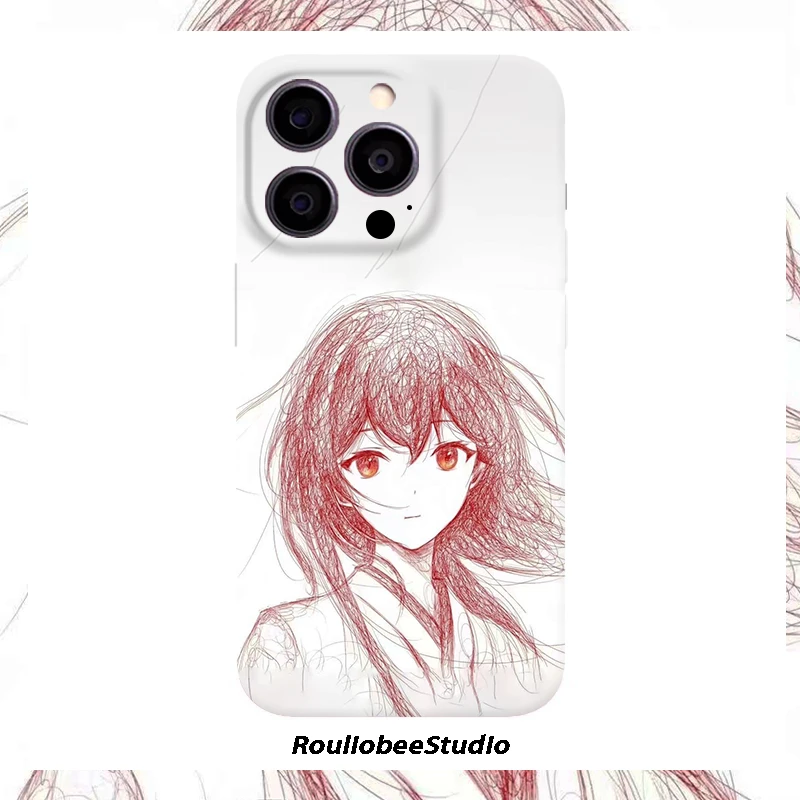 素描清纯红发少女适用苹果17/16菲林手机壳华为oppo小米15vivo套