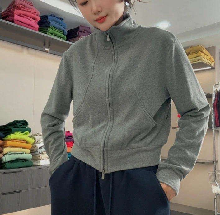 秋冬厚款运动立领长款灰色上衣开衫保暖短外套极简风长袖女外套