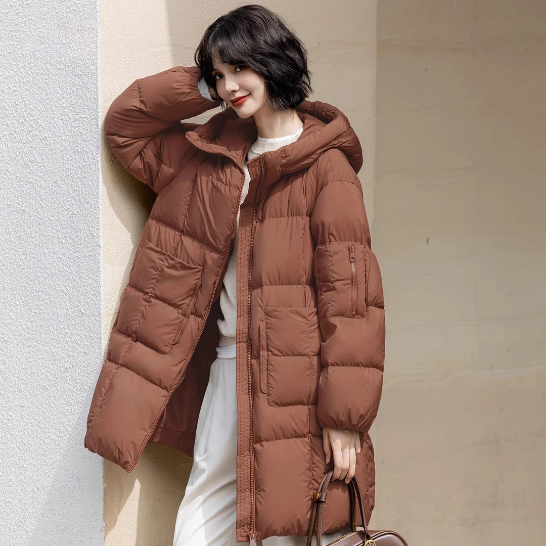 【3.0云感泡芙】绒子含量90%蓬松保暖连帽一手长羽绒服A7497#892F35