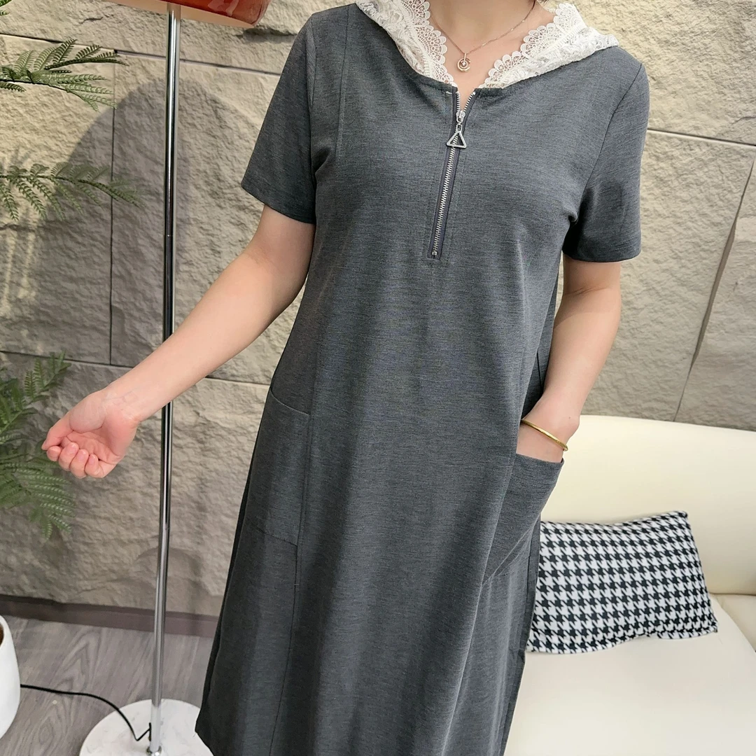 夏季裙宽松百搭休闲l连帽减龄纯色薄款蕾丝中长款连衣裙女