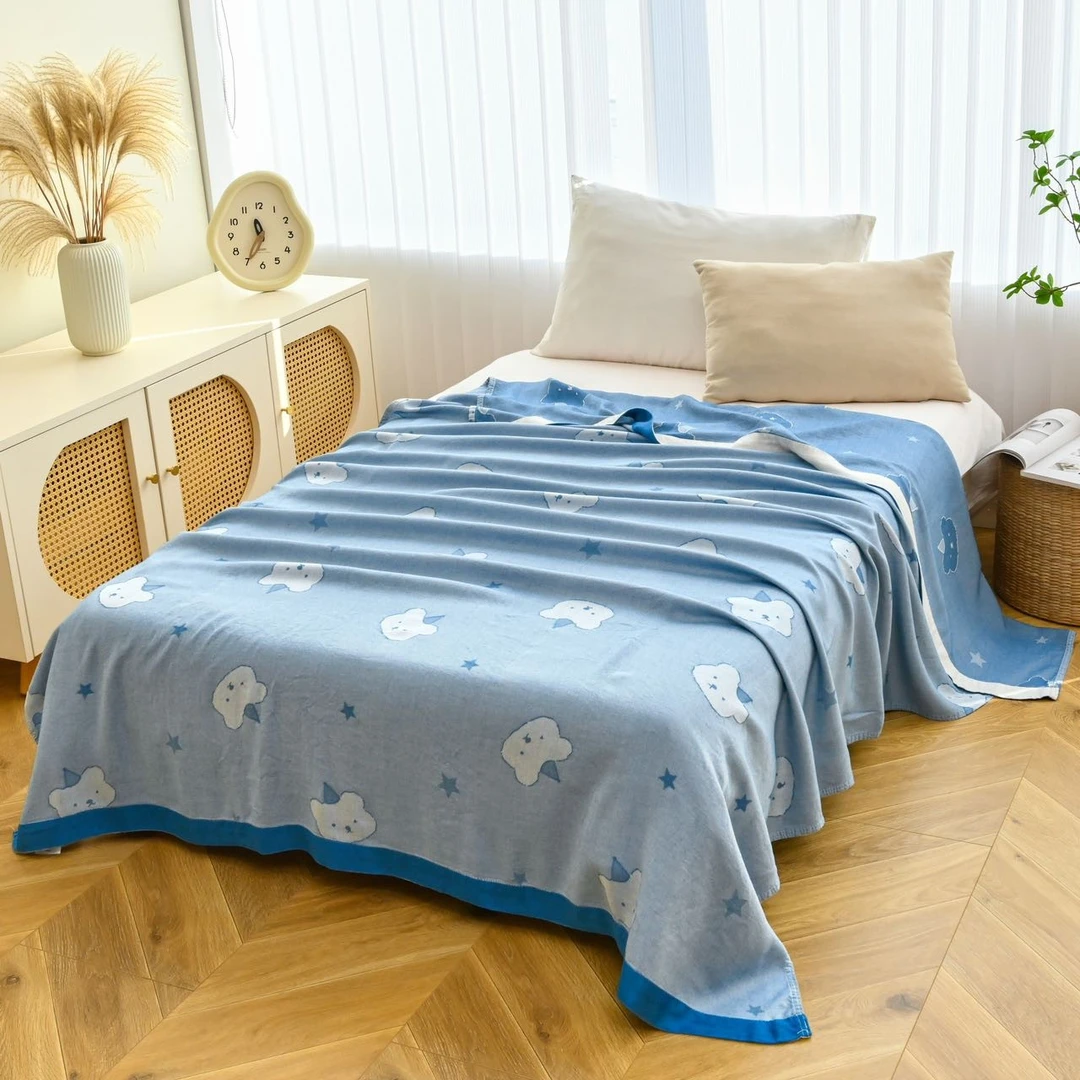 兰色小熊夏季冰凉双层竹纤维盖毯冷感毯精梳多功能单人睡毯