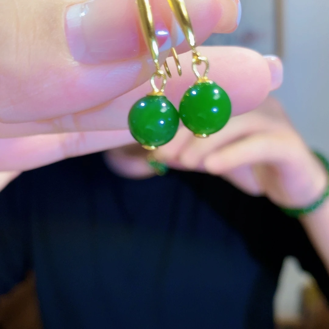 和田玉（碧玉）耳饰银S925镀金镶嵌