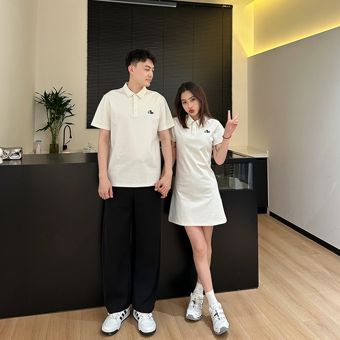 情侣装夏季2025polo领休闲连衣裙小狗刺绣潮牌短袖学院风一裙一衣