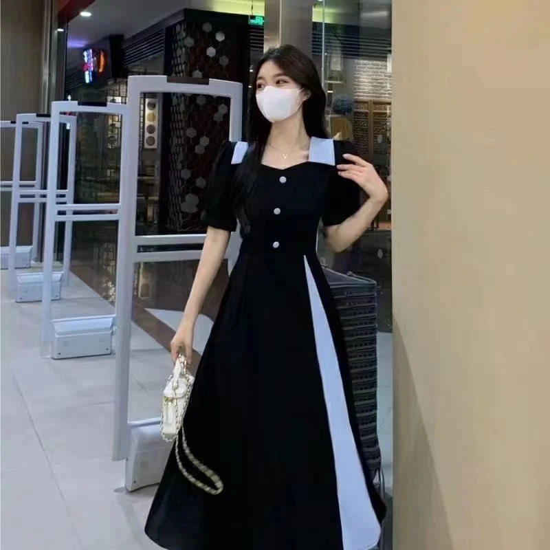 大码女装国风显瘦黑色连衣裙2025年胖mm夏季新款撞色收腰遮肉裙子