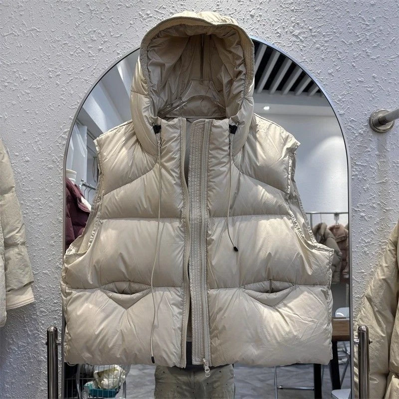 秋冬无袖坎肩设计感加厚保暖短款棉服马甲外套女百搭连帽背心马夹