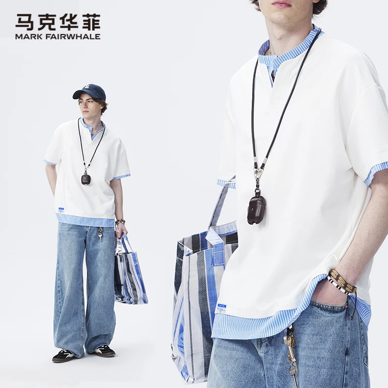 马克华菲夏季美式假两件轻奢T恤简约百搭白色潮牌学院风男士短袖
