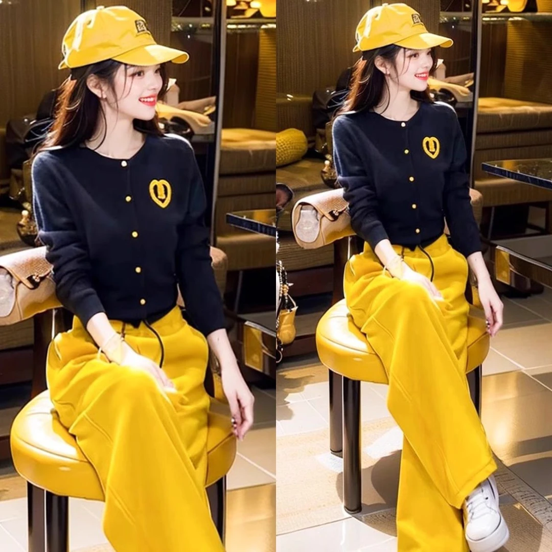 今年流行韩系小个子休闲运动套装秋冬时尚针织开衫阔腿裤两件套女