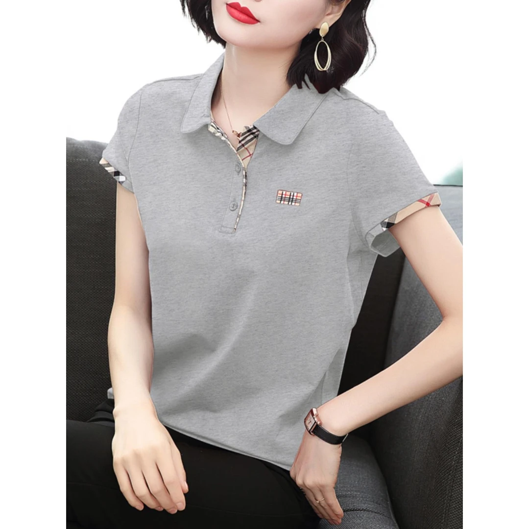妈妈2025新款夏装t桖时尚带领短袖翻领t恤宽松中年女士polo衫上衣
