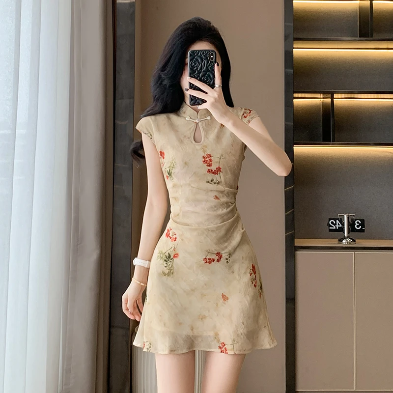 新中式国风印花旗袍裙女夏季新款小个子短款盘扣字裙包臀连衣裙