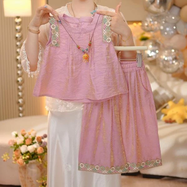 女童娃娃衫国风套装2025新款夏季新中式刺绣无袖九分阔腿裤两件套