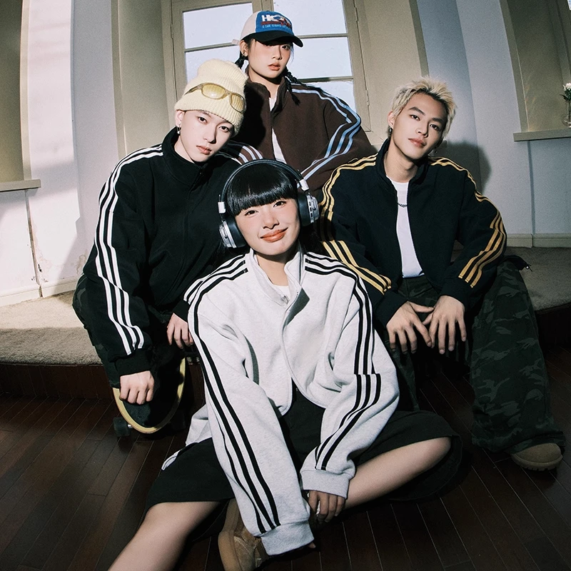 加大码300斤美式潮流三条杠拉链开衫卫衣男女秋冬季宽松百搭外套