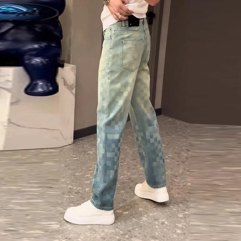 轻奢男装大码潮牌男士2025秋冬新款高端重工棋盘格子水洗直筒牛仔
