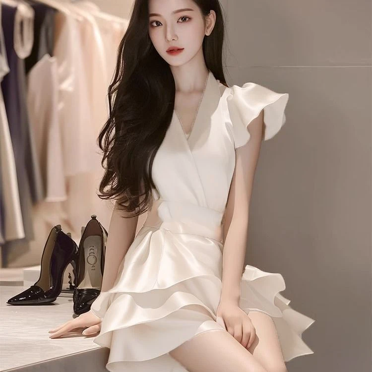 哥弟阿玛施正品甜美清新日系超短裙摆深V领纯色蕾丝拼接连衣裙宴