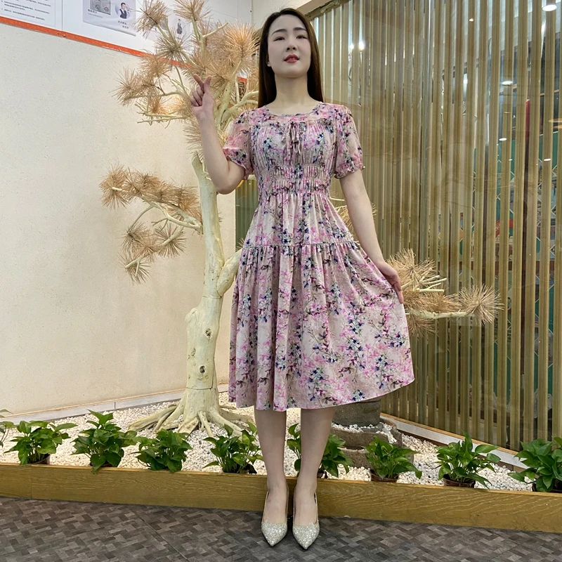 气质宽松修身显瘦圆领印花连衣裙木耳边设计夏季款2025系带领中裙