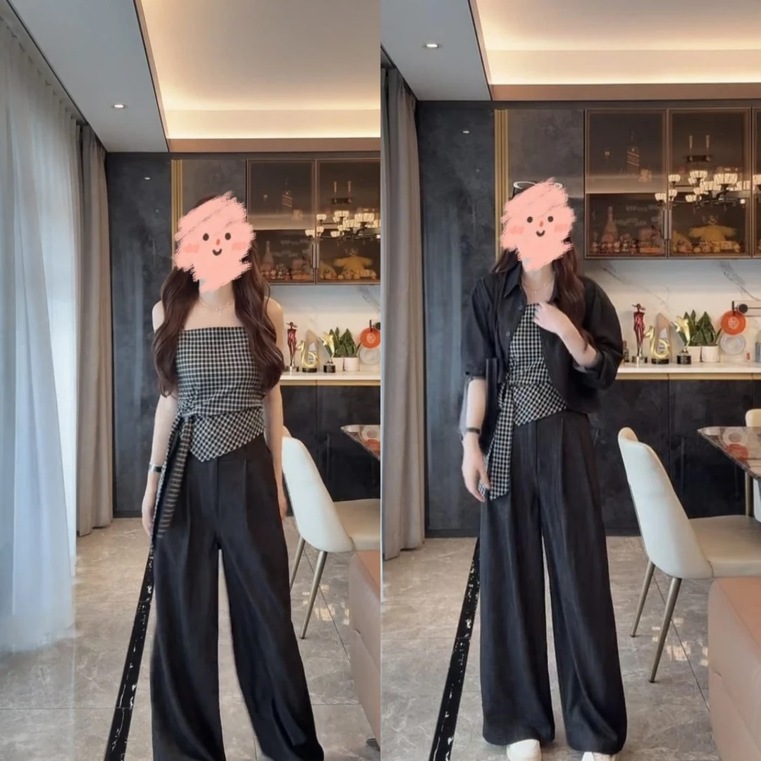 2025早秋新款时髦精韩系显瘦格纹绑带吊带背心高腰直筒裤休闲套装