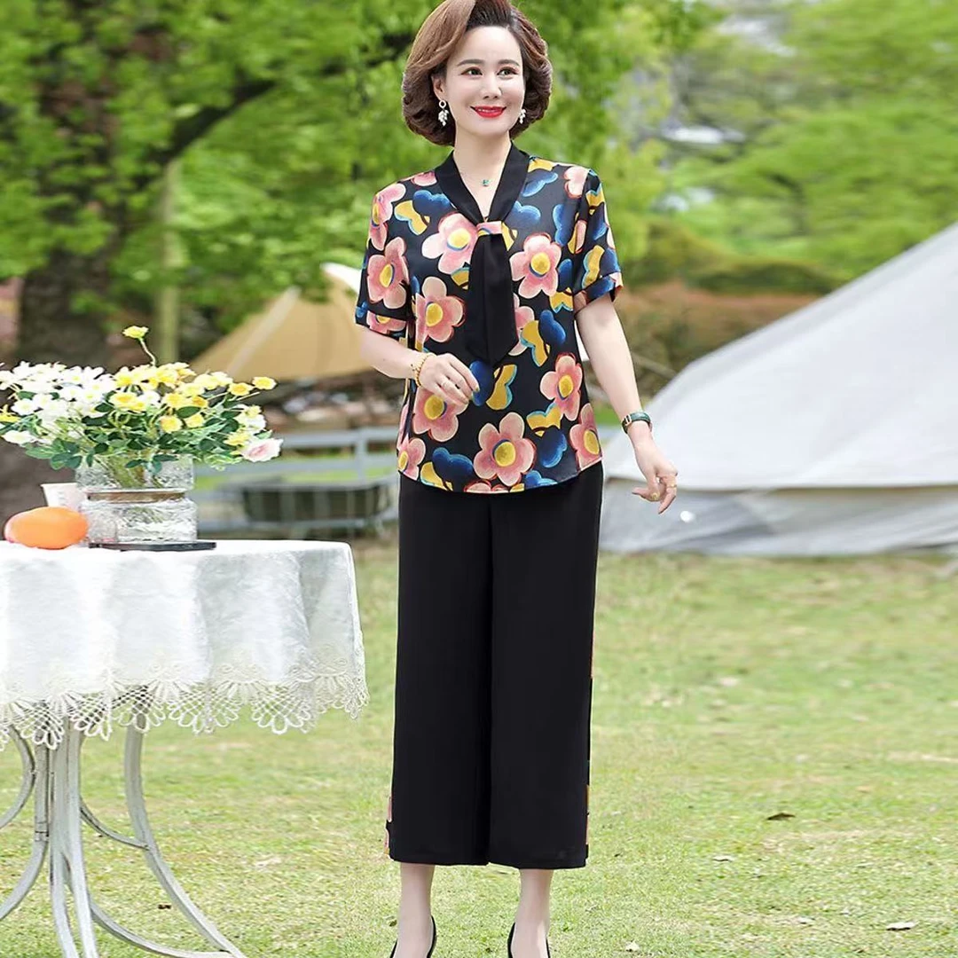 9156-夏季新款裤子套装简约中老年装T恤阔腿裤两件套【A9-3-1】