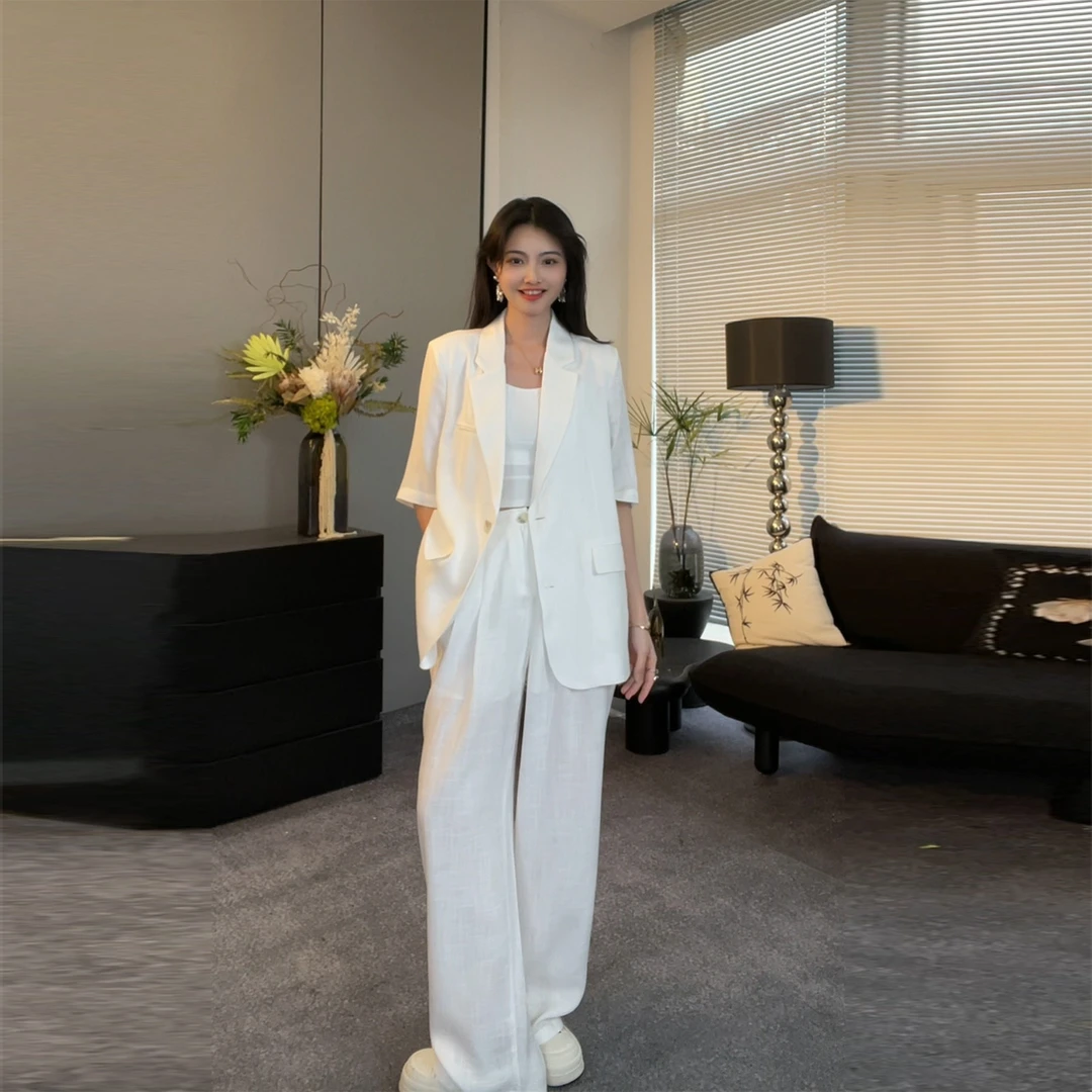 夏季短袖天丝亚麻混纺薄西装套装显瘦遮肉韩系25009-1
