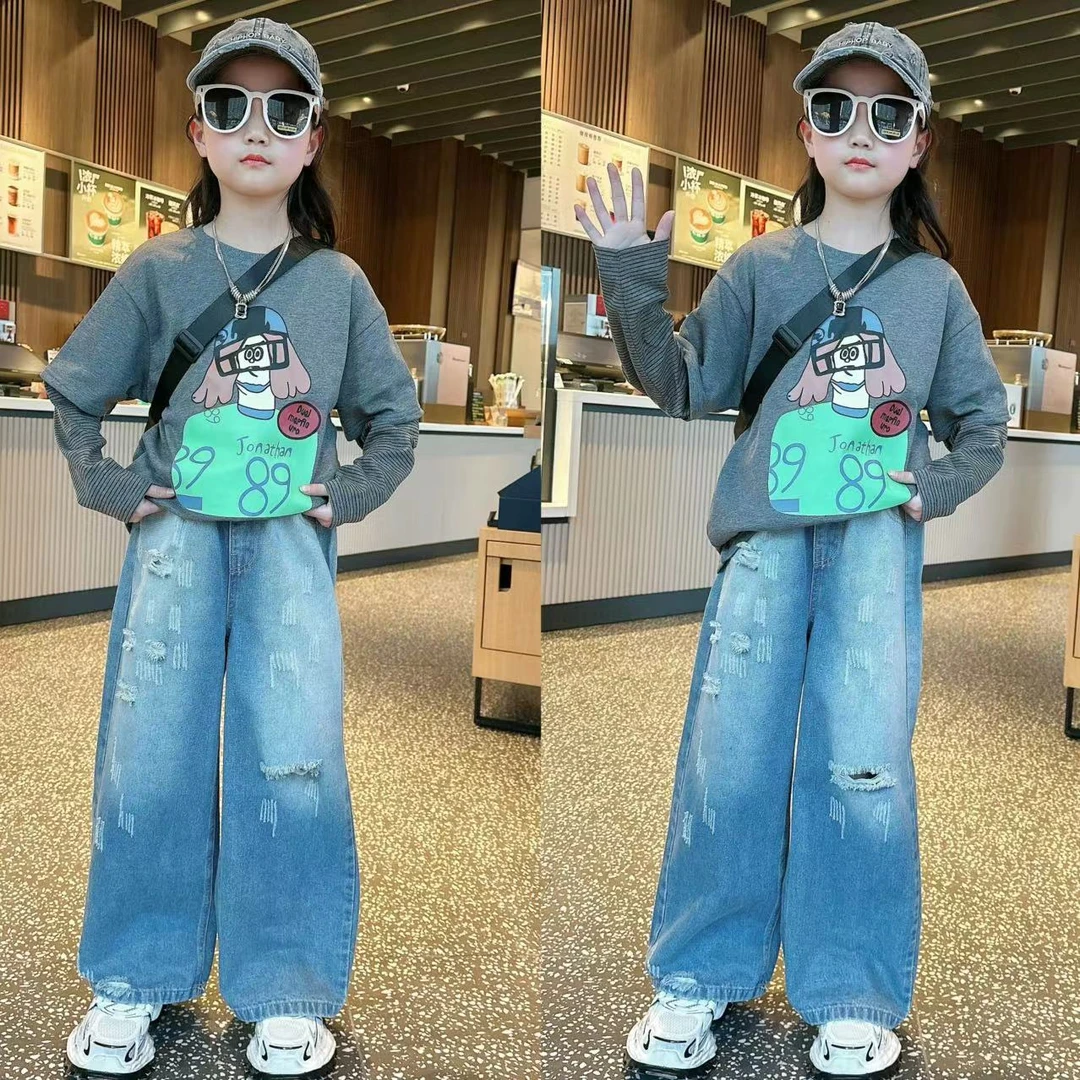 女童春季新款儿童卡通印花假两件上衣渐变色阔腿牛仔裤宽松两件套
